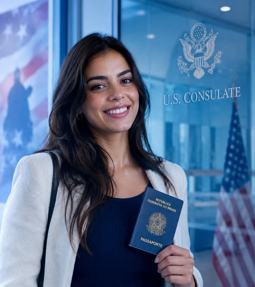Mulher sorrindo com passaporte em frente ao consulado americano